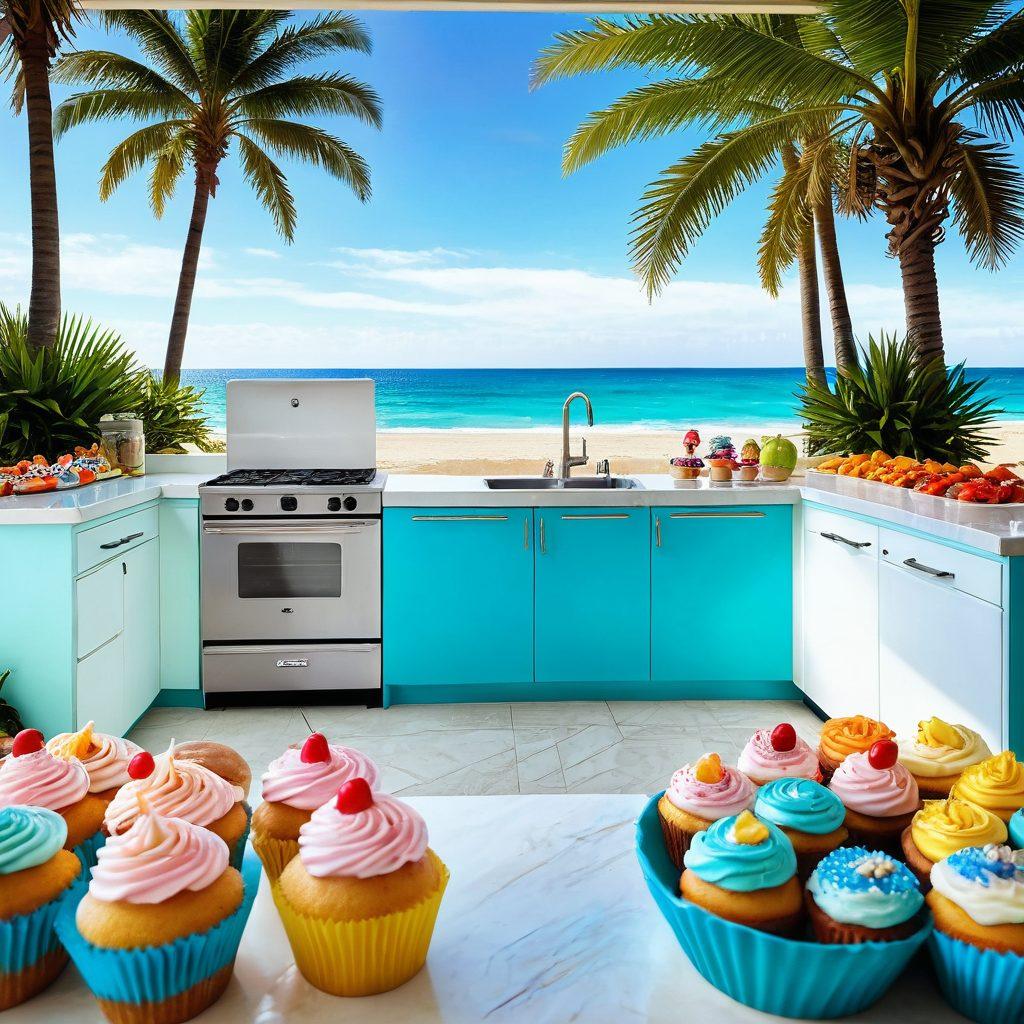 A sunny beach scene featuring a whimsical pastel-colored kitchen setup with tropical decorations. Display an array of delectable sweet treats like cupcakes, donuts, and fruity desserts, all beautifully arranged. Surround the kitchen with palm trees and a bright blue ocean in the background, showcasing a cheerful vibe of summer bliss. The image should evoke a sense of fun and creativity, perfect for baking enthusiasts. vibrant colors. super-realistic.