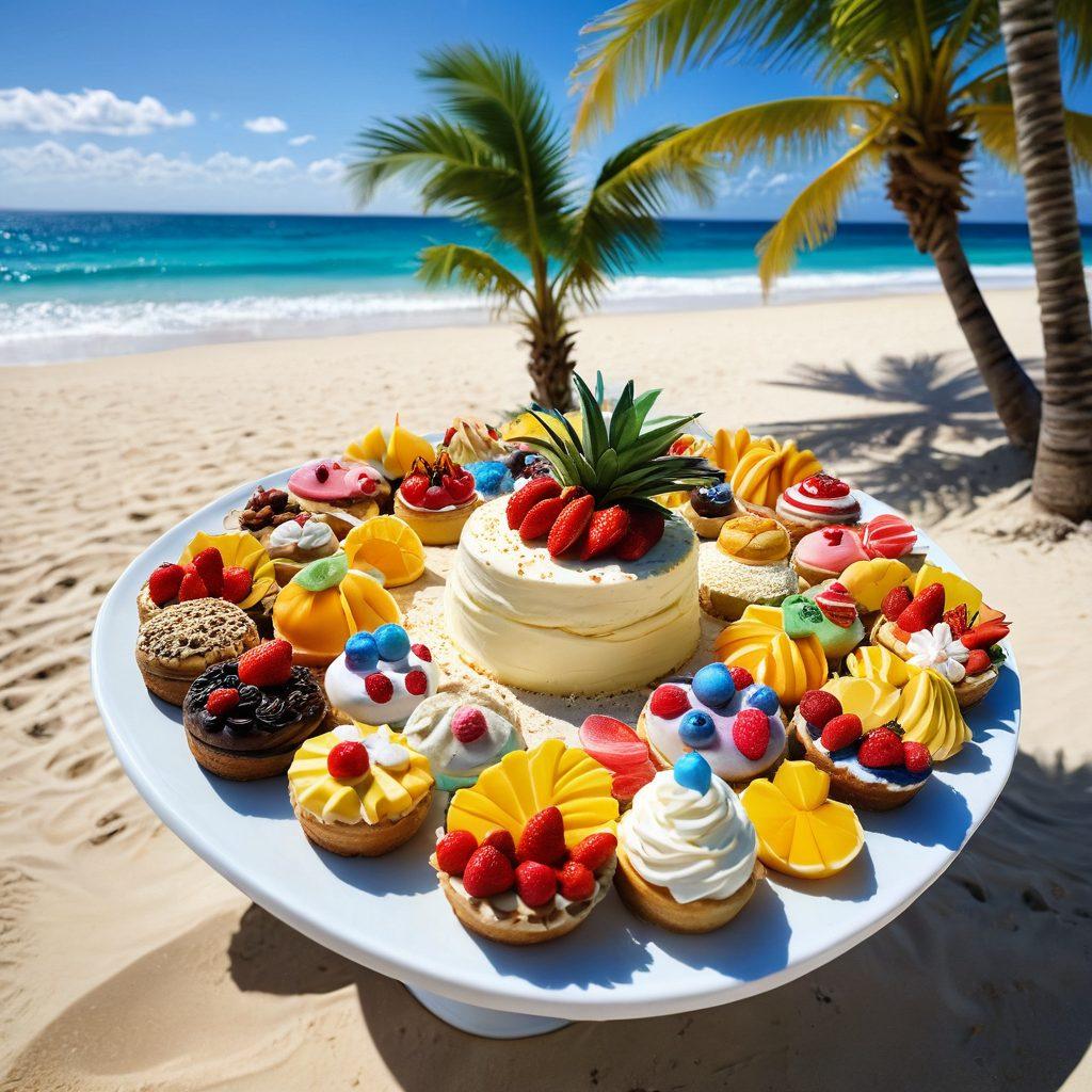 A vibrant, mouthwatering spread of colorful bikini-shaped desserts placed on a sandy beach with a crystal-clear ocean in the background. Each dessert is intricately designed with fruity toppings, whipped cream, and a tropical flair, inviting viewers to indulge. Sunlight glimmers off the treats, creating a joyful and enticing scene. Elements of summer, like palm trees and beach towels, subtly enhance the atmosphere. super-realistic. vibrant colors. beach setting.