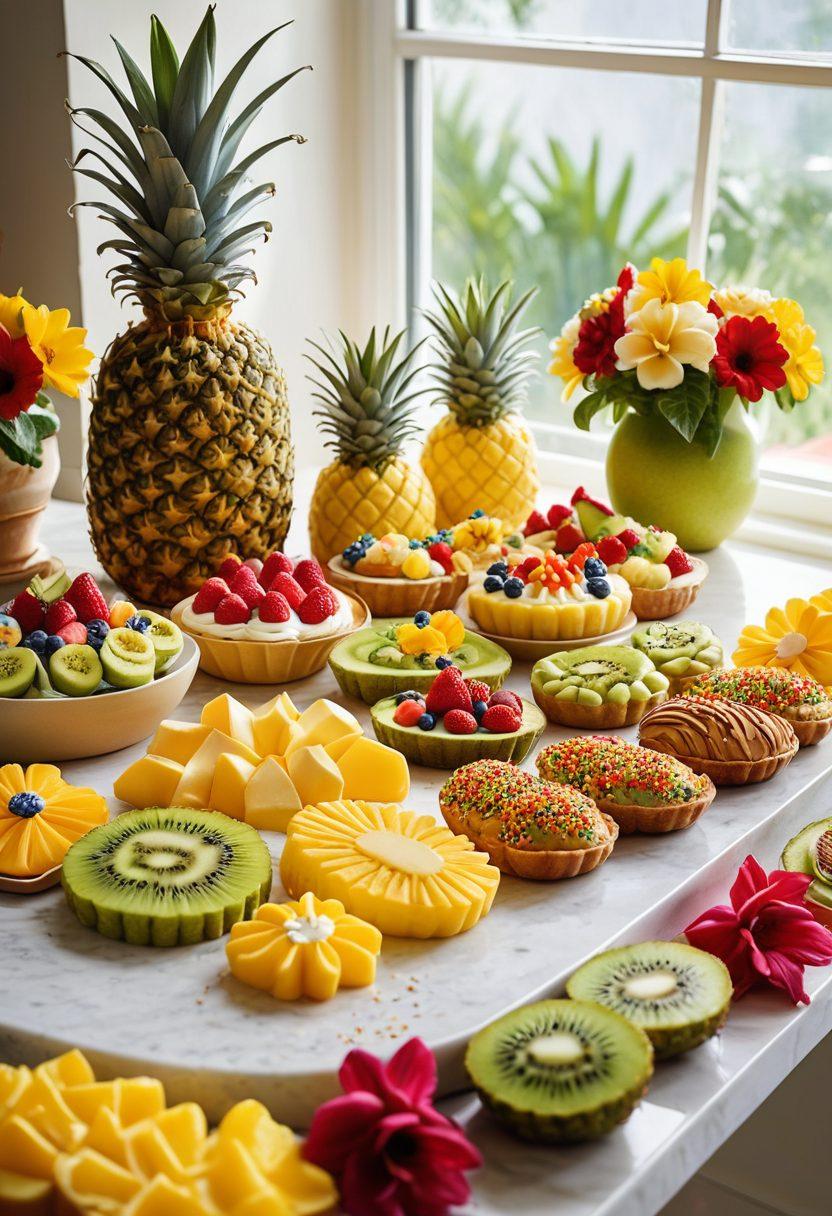 A vibrant kitchen scene showcasing a variety of creative bikini-shaped desserts, beautifully arranged on a countertop. The desserts should be colorful and whimsical, with tropical fruits and playful decorations complementing the theme. Sunlight streaming in creates a warm, inviting atmosphere, while a recipe book is open nearby, hinting at the baking process. Capture the delightful mood of summer and the joy of baking. super-realistic. vibrant colors.